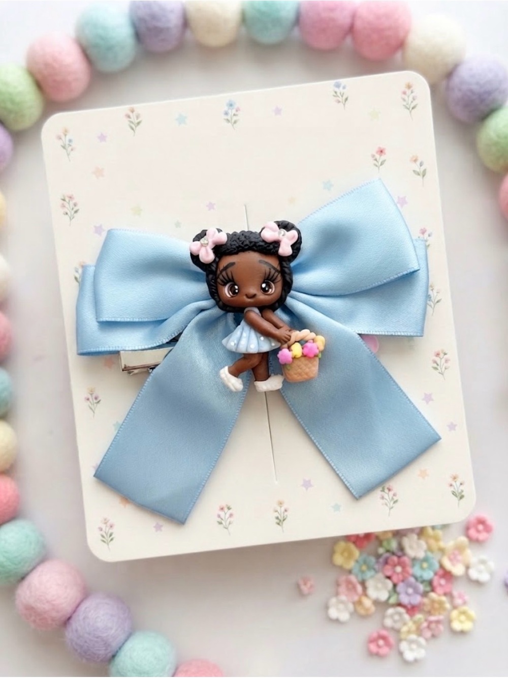 Custom clay Blue Bow Hair Clip with Cute Doll Accent
